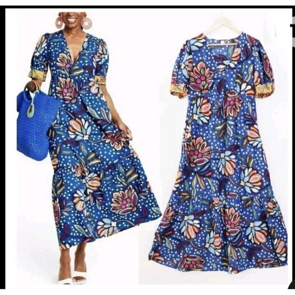 Tabitha Brown Blue Floral Maxi Dress Puff Short Sleeves 8 Vibrant Colorful Artsy